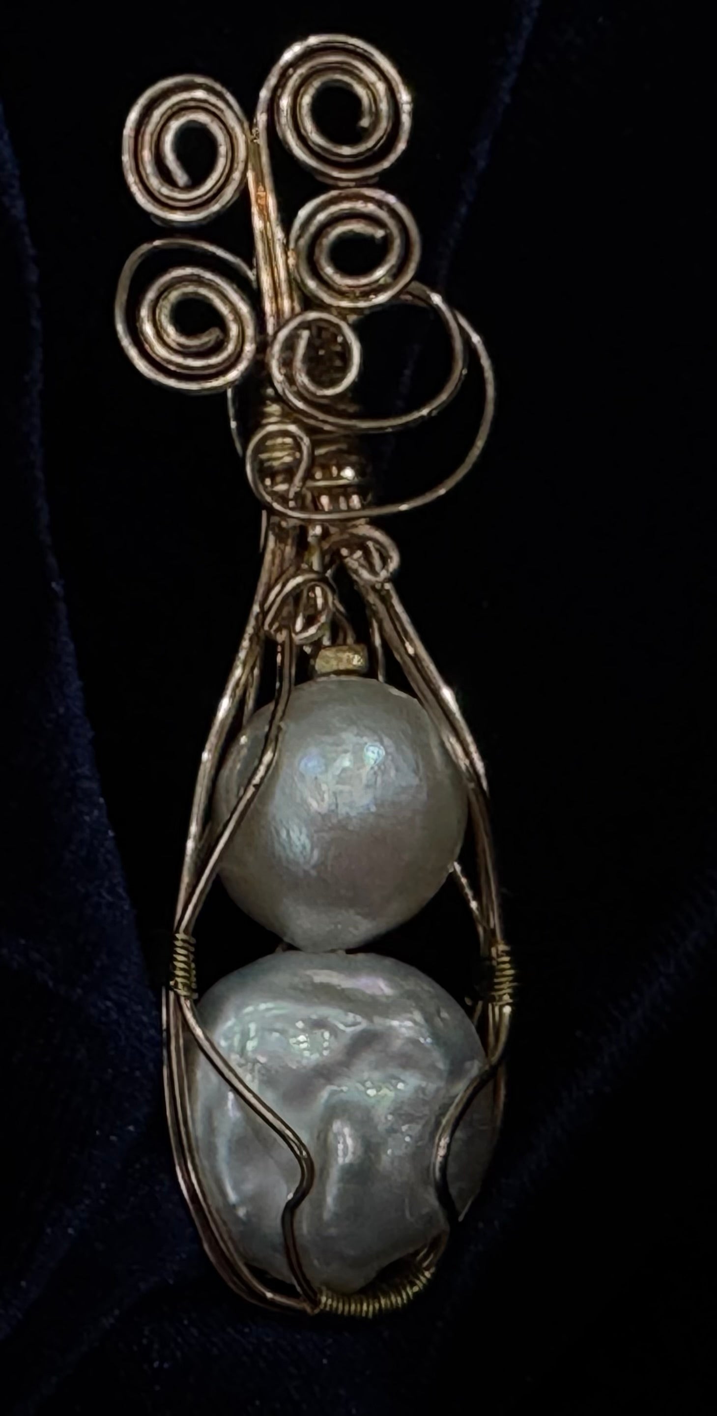Two Large Freshwater Pearls Wirewrapped With Bronze