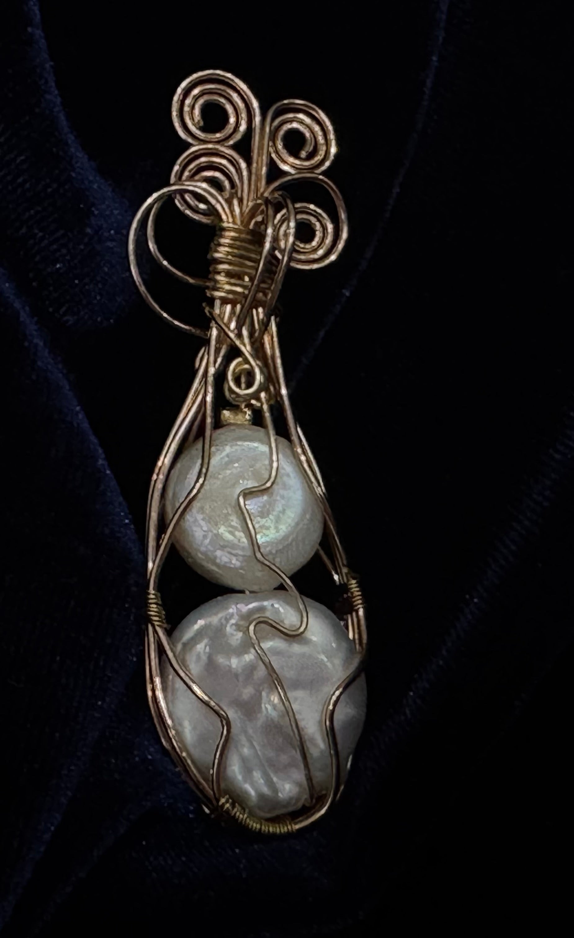 Two Large Freshwater Pearls Wirewrapped With Bronze